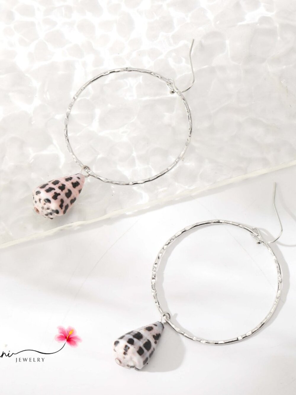 Silver Black and White Hebrew Cone Shell Dangle Hoop earrings
